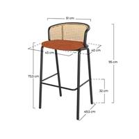 Shelly chaise de bar en tissu brique, rotin naturel et métal noir