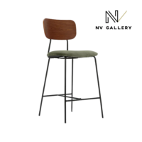 Portimo tabouret de bar en velours vert et peau de noyer
