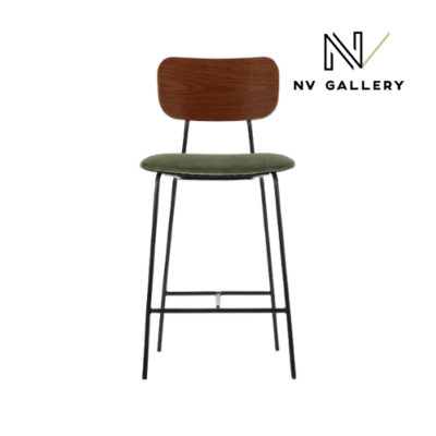 Portimo tabouret de bar en velours vert et peau de noyer