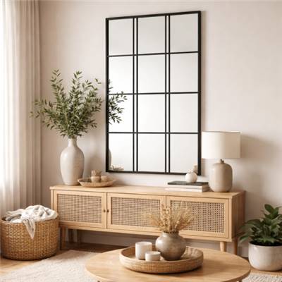 Raty miroir mural type fenêtre industrielle 12 carreaux métal noir H120cm