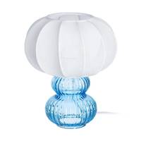 Plass lampe de table en verre double bleu et abat-jour en tissu blanc H26cm