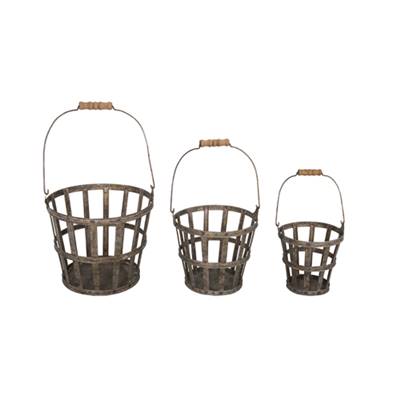 Set 3 paniers zinc poignée bois