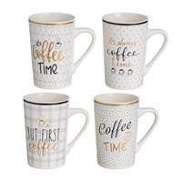 Time lot de 4 tasses/mug en céramique blanc noir et doré