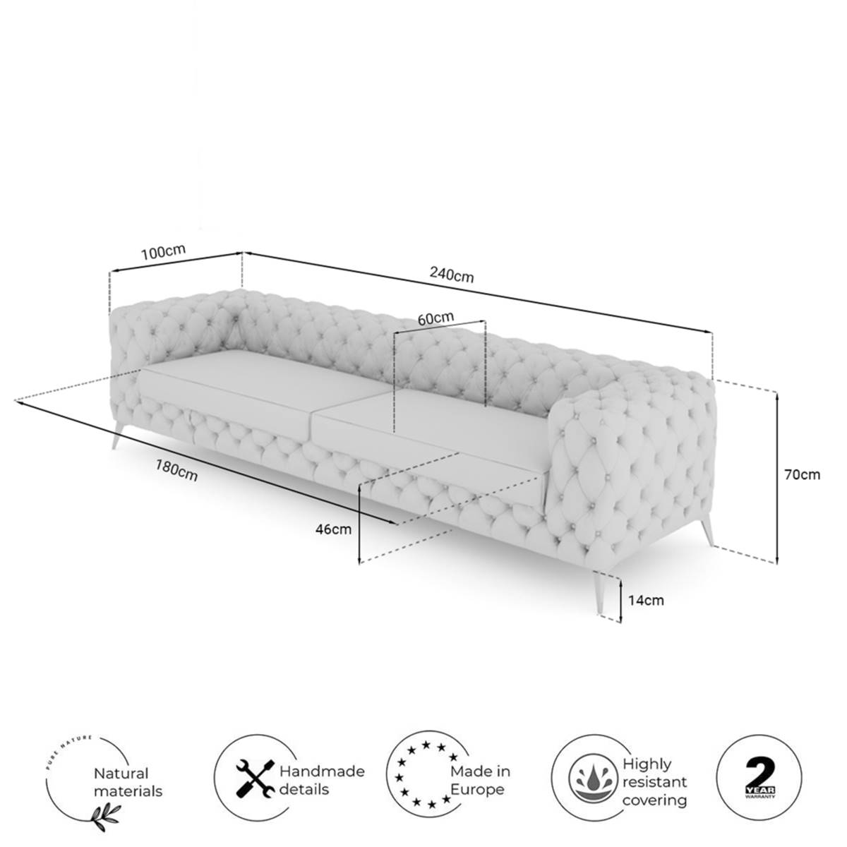 Bali canapé 3 places en cuir blanc et pieds noirs