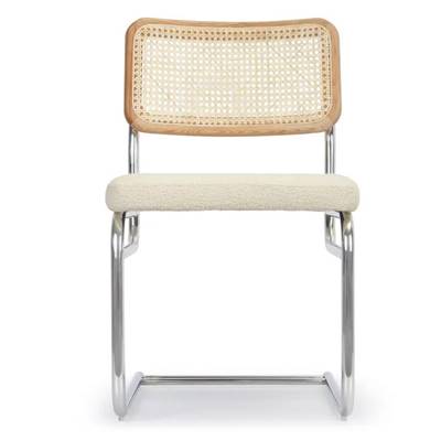 Lorenzo chaise design blanc bouclette, cannage et métal chromé