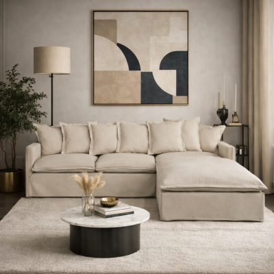 Barbe canapé d'angle droit 5/6 places lin supérieur beige