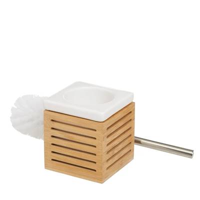 Frotta brosse à toilette carré en céramique et bambou blanc