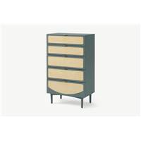 Emmi commode haute bleu ocan et rotin