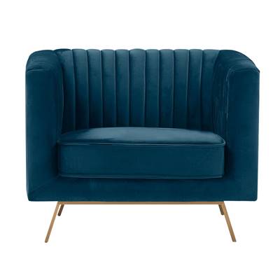 Savoy fauteuil en velours bleu foncé et pieds métal doré