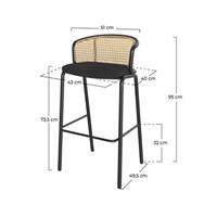 Shelly chaise de bar en tissu noir, rotin naturel et métal noir
