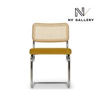 Lorenzo chaise design velours jaune moutarde, cannage et métal chromé