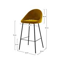 Turin chaise de bar dossier arrondie en velours jaune et pieds métal noir H75