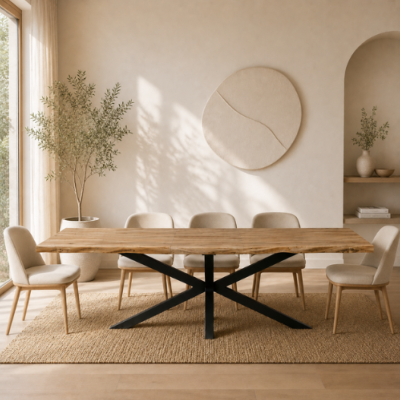 Livea table à manger extensible 220-280cm acacia bords irréguliers pieds croisés