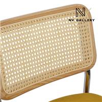 Lorenzo chaise design velours jaune moutarde, cannage et métal chromé