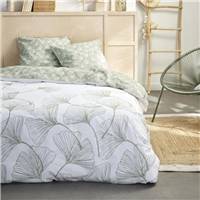 Sunshine parure de lit 220x240 blanche coton imprimé ginkgo vertes 16.15