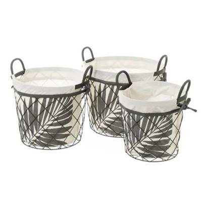 Bohai lot de 3 paniers ronds en métal noir et tissu beige feuillage