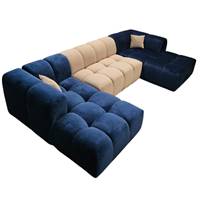 Canapé panoramique bicolore bleu pétrole et beige en velours