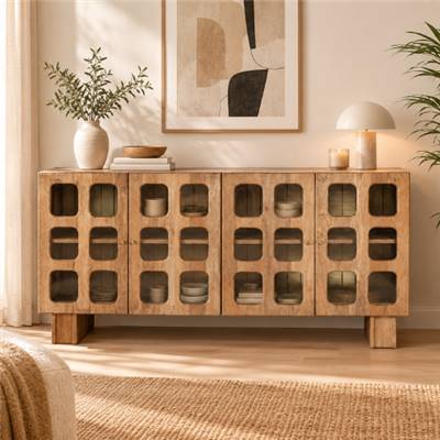 Nova buffet 4 portes en bois de manguier et verre