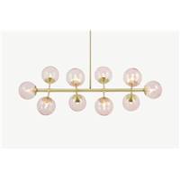 Globe grand lustre 10 ampoules laiton bross et verre rose