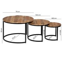 Phoenix lot de 3 tables basses gigognes rondes bois de manguier naturel et métal