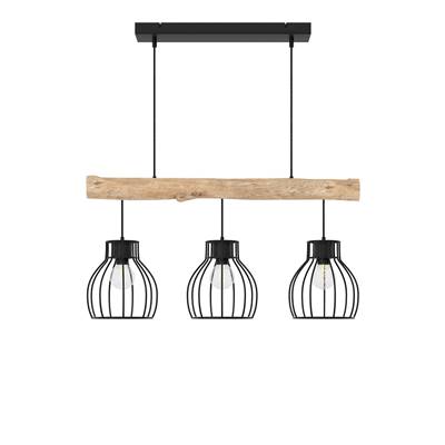 Naomi suspension 3 lampes bois d'eucalyptus et métal noir