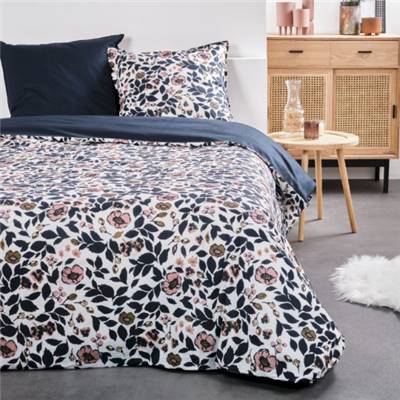 Sunshine parure de lit 240x260 coton bleu imprimé fleurs roses 9.6