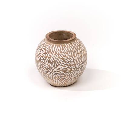 Vase Mango Wood en bois sculpté motifs beige marron