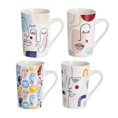 Visage lot de 4 tasses/mug céramique avec dessins colorés