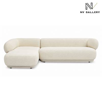 Havane canapé d'angle gauche en tissu bouclé blanc