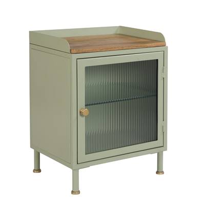 Athezza table de chevet 1 porte en métal, verre et bois de manguier vert