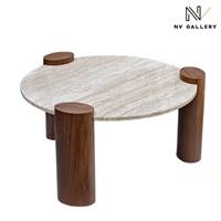 Nanda table basse ronde en travertin et noyer