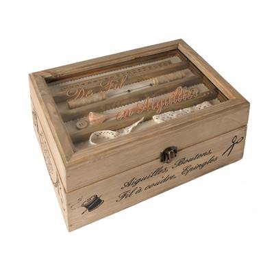 Hiver boîte à couture en bois compartimentée et gravée GM