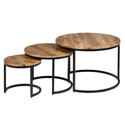 Phoenix lot de 3 tables basses gigognes rondes bois de manguier naturel et métal