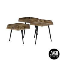 Woody lot de 3 tables basses hexagonales en teck recyclé et métal