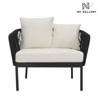 Metro fauteuil d'extérieur en cordage et métal noir coussin blanc écru