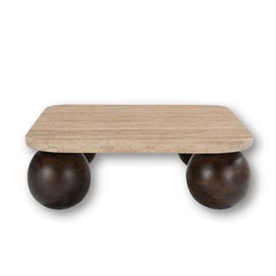 Davao table basse carrée travertin et pieds bois de manguier