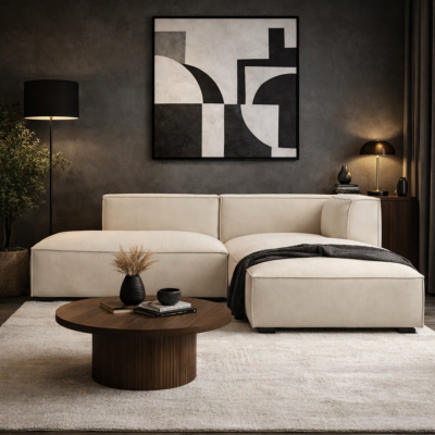 Basil canapé d'angle droit en tissu bouclé blanc et bois noir