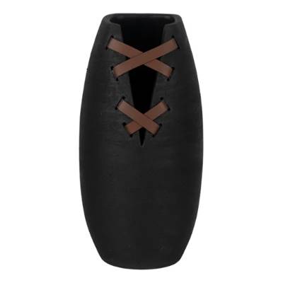 Jarron vase en céramique noir et lanière marron