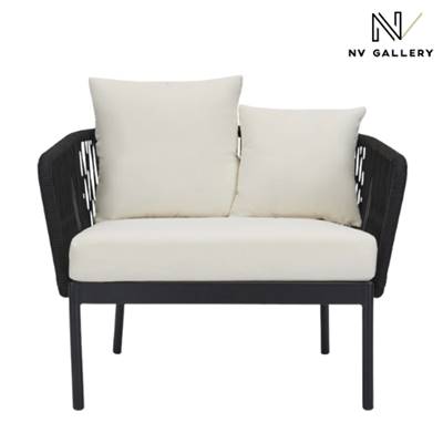 Metro fauteuil d'extérieur en cordage et métal noir coussin blanc écru