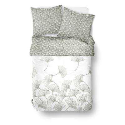 Sunshine parure de lit 220x240 blanche coton imprimé ginkgo vertes 16.15