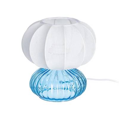 Plass lampe de table en verre unique bleu et abat-jour en tissu blanc H23cm