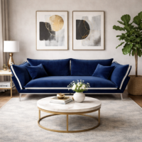 Laura canap� 2 places en velours bleu fonc� et sable pieds argent�s