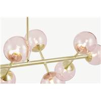 Globe grand lustre 10 ampoules laiton brossé et verre rose