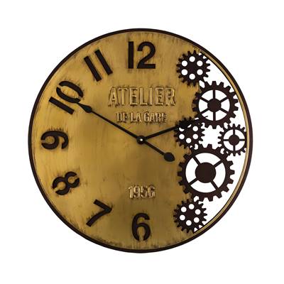 Horloge pendule laiton + rouages Atelier de la gare Ø 59 cm
