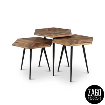 Woody lot de 3 tables basses hexagonales en teck recyclé et métal