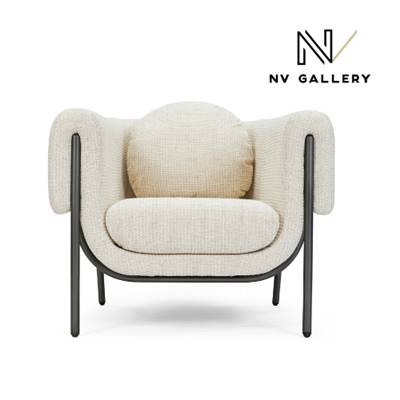 Leone fauteuil en tweed beige et métal brossé mat