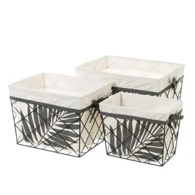 Bohai lot de 3 paniers en métal noir et tissu blanc feuillage