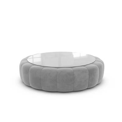 Virata table basse ronde en velours gris clair avec plateau en verre