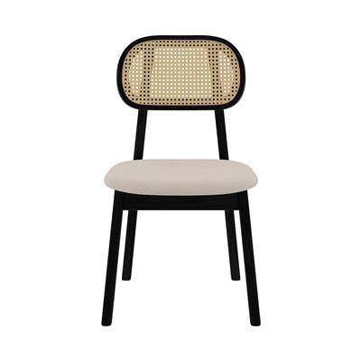 Musea chaise en cannage de rotin, tissu beige et bois noir