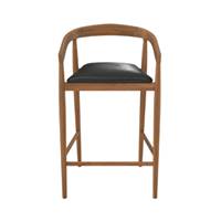 Breda chaise de bar en teck vernis et assise cuir noir H77cm